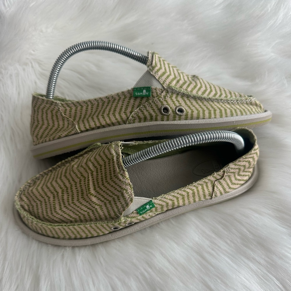 Sanuk Sidewalk Surfer Canvas Shoes Womens Size 9 Natural Khaki Green Slip On - Picture 3 of 13